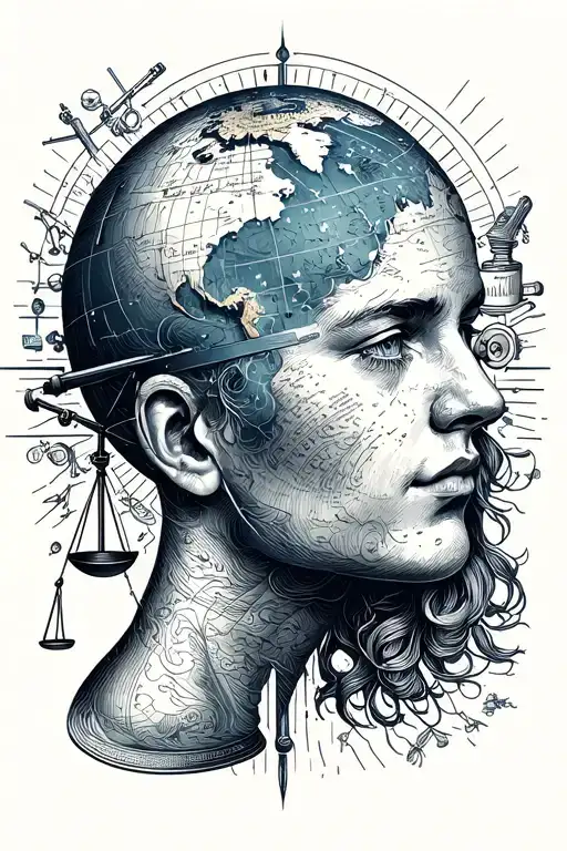 minimalist fine line work connecting small pieces including head, globe, weighing scales, telescope and straight line  tattoo design idea