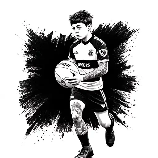 The lad with the rugby ball in a black-and-white rugby jersey, black shorts, black boots, and light tan skin.The girl w tattoo design idea
