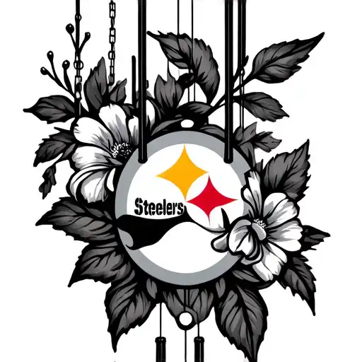 windchime with flowers, Steelers logo intertwined tools tattoo design idea