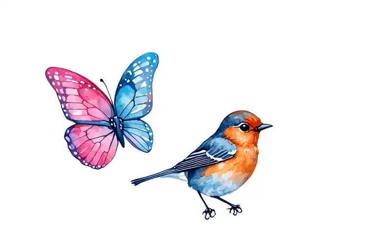 side on butterfly and robin - colourful, vibrant, pinks and blues tattoo design idea