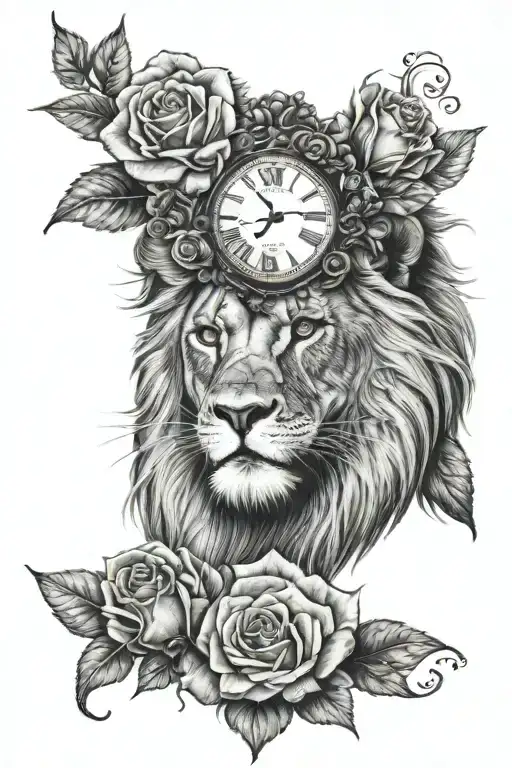 Lion with roses and clock face tattoo design idea