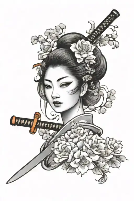 geisha face with katana japanese backgroung flowers and waves black and grey tattoo design idea