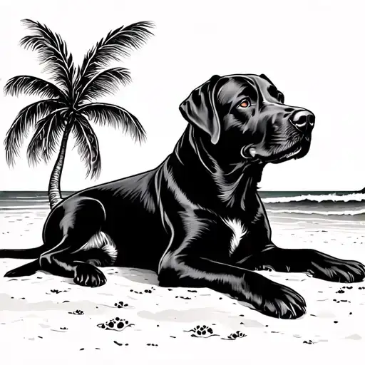 A tattoo design of a black Labrador lounging on a sunny beach, incorporating leopard print patterns in the background tattoo design idea
