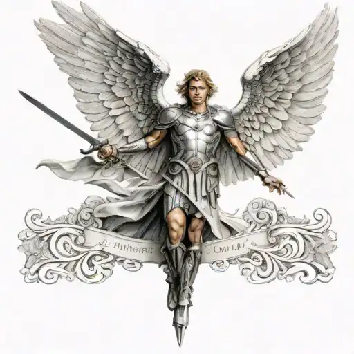 archangel Michael with sword and wings with bible verses on them tattoo design idea