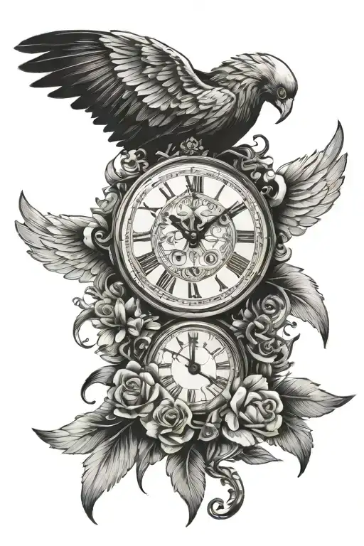 clock face and wings tattoo design idea