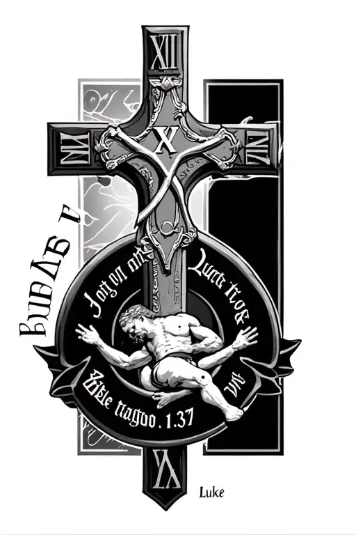 Cross tattoo with Roman numeral 2 in the background and a bible verse Luke 1:37 with wrestling  tattoo design idea