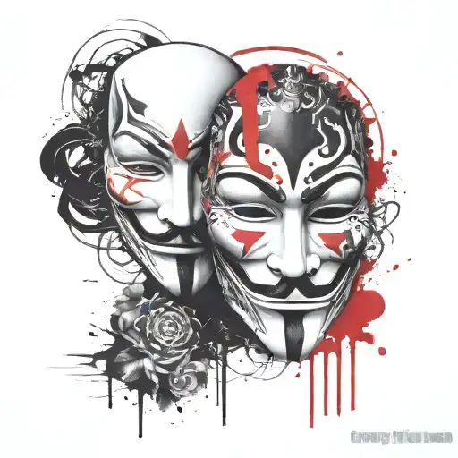 anonymous mask combined with comedy and tragedy mask tattoo design idea
