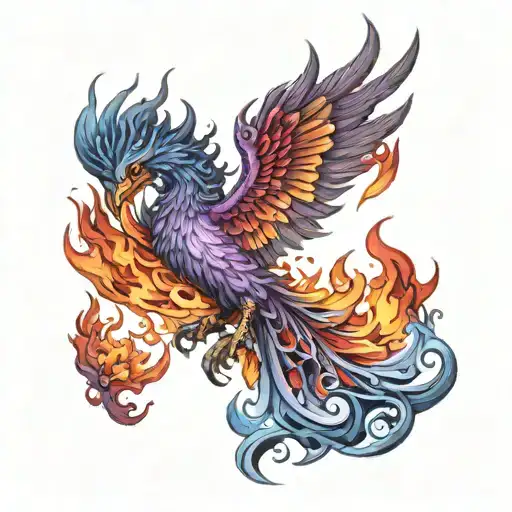 Purple, blue, red and black phoenix rising from flames tattoo design idea