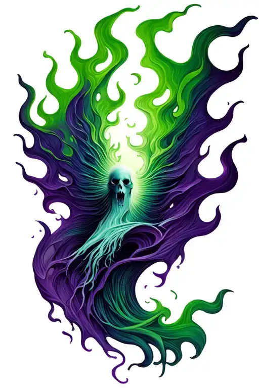 hyper-realistic ghostly tattoo design featuring flames that transition seamlessly between green and purple.  tattoo design idea