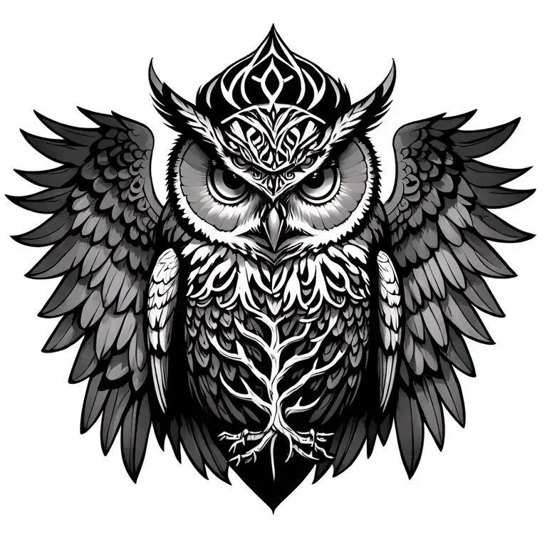 large owl facing straight at you with it's wings our with a norse tree of life in traditional tattoo fashion tattoo design idea