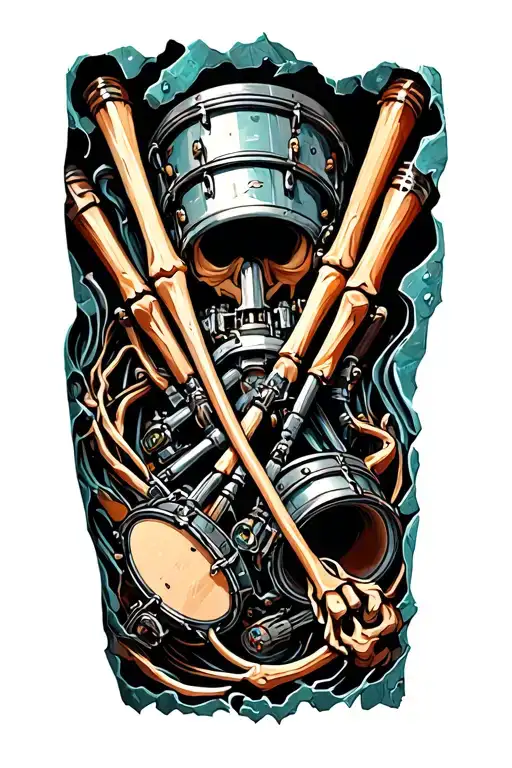 the inside of the forearm is visible through eroded Skin and reveals drum sticks instead of bones and cyborg machinery tattoo design idea