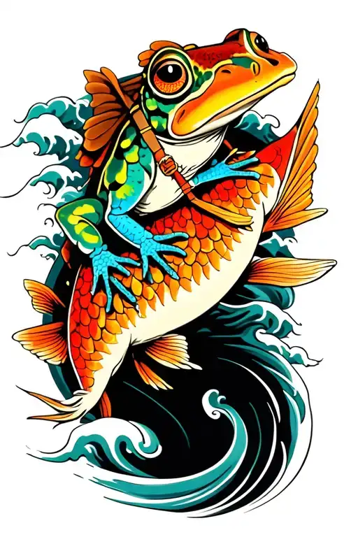 colorful sage toad riding a fish with saddle and reins, black and white waves in background tattoo design idea