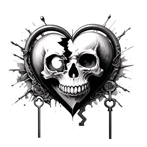 heart shaped lock that's broken half skull with keyhole as it's eye socket tattoo design idea