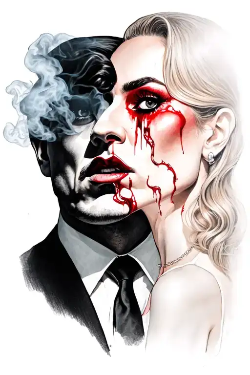 mob boss male face and woman smoking both with eyes bleeding  tattoo design idea