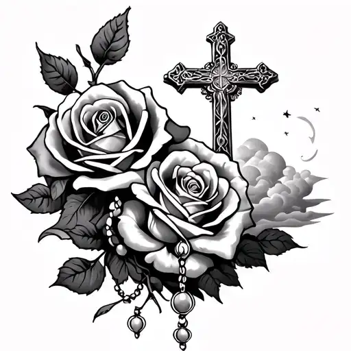 Forarm tatto with a rose on top left and 1 rose bottom right with a cross with rosary surroundedwith clouds tattoo design idea