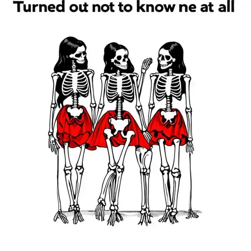 the text "turned out not to know me at all" with a group of 3 girl friends who are skeletons tattoo design idea