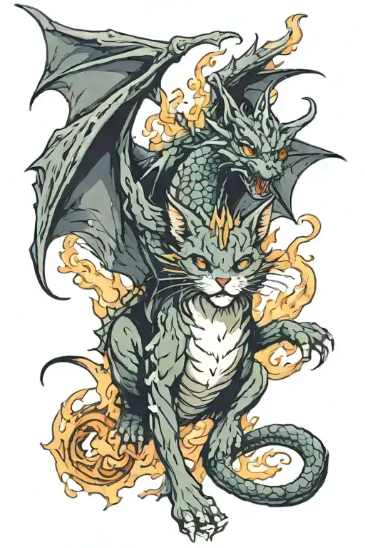 cat riding a dragon breathing fire tattoo design idea