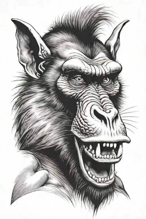scary mandrill facing forward open mouth big teeth tattoo design idea