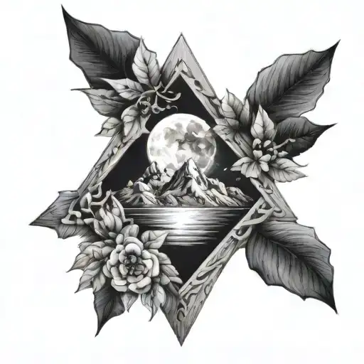 Moon, UK foliage, whimsical, small valknut, helm of awe, fjords Feminine sleeve  tattoo design idea