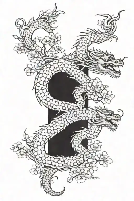 Japanese dragons and cherry blossom tattoo design idea