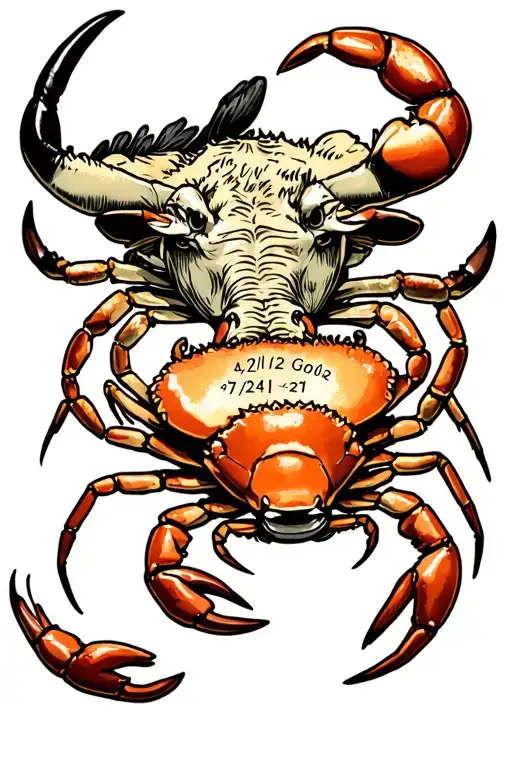 large bull, large crab, and large scorpion with birthdates 4/21/12 7/2/14 11/16/21 on ribbon, full sleeve tattoo design idea
