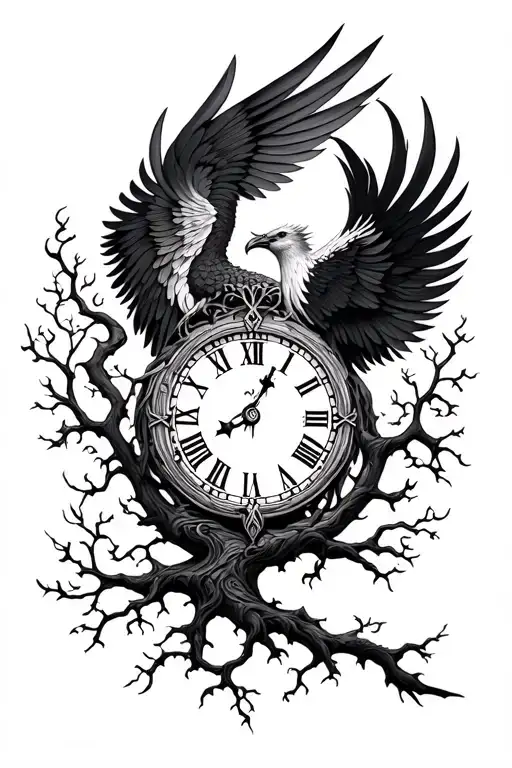 phoenix, tree of life, clock face tattoo design idea