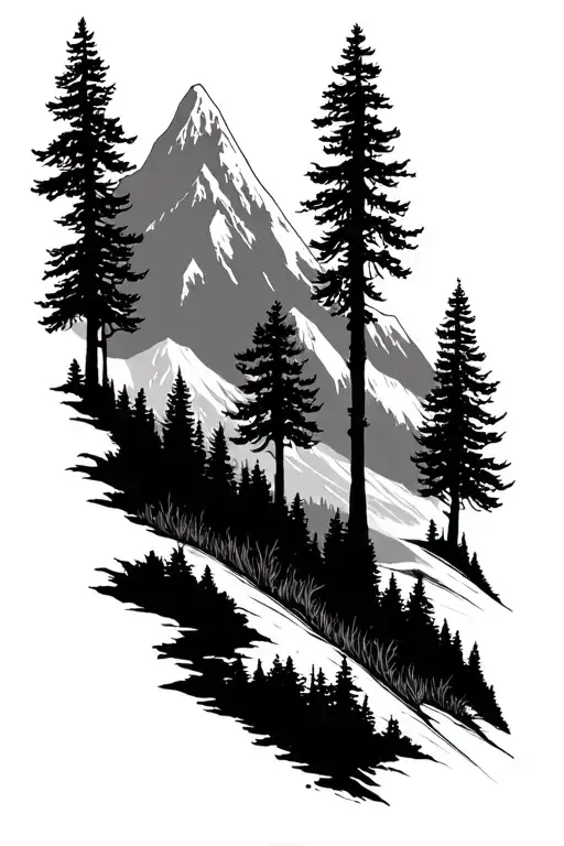 trees and mountain range silhouette sleeve tattoo design idea