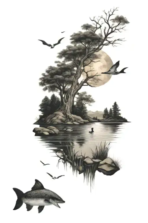nature, lake, river, moon, ANIMALS, people tattoo design idea