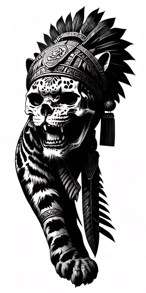 Aztec warrior jaguar pyramid jungle skull tattoo design idea