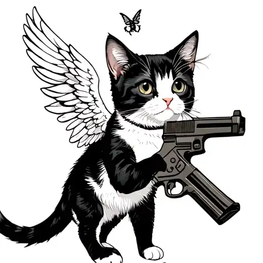 The cat standing on the hind legs. On his back he has angelic wings, above his head is a nymph. Also at the kitten in the paws of the machine gun tattoo design idea