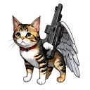 The cat standing on the hind legs. On his back he has angelic wings, above his head is a nymph. Also at the kitten in the paws of the machine gun tattoo design idea