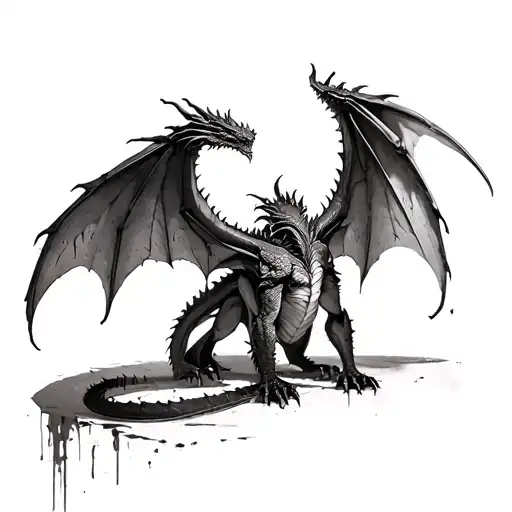 Giant dragon wings on the back going from shoulder to hip tears and scars on the wings and membrane black and white shad tattoo design idea