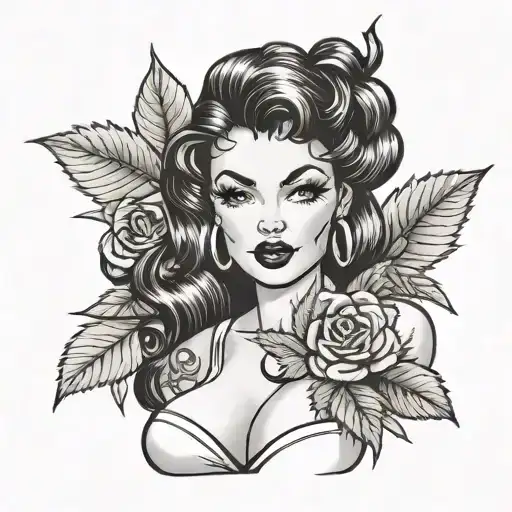 pinup girl black hair, big chested holding weed leafs tattoo design idea