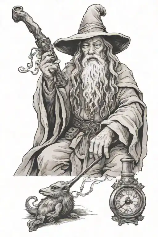 Gandalf smokes a pipe, with his staff and sword narsil, microrealistc tattoo design idea