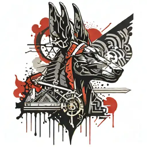 anubis holding sword above eye of ra tattoo design idea