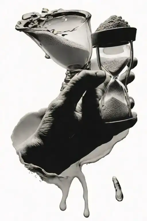 old person's hand holding an hourglass, the bottom part has broken glass, and sand is falling out  tattoo design idea