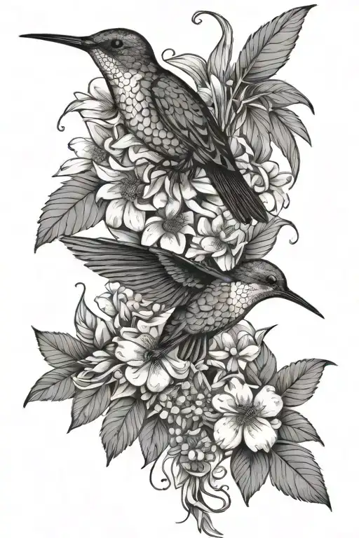 flower boquet branching off with a raspberry branch, daisies and lilys with a hummingbird tattoo design idea