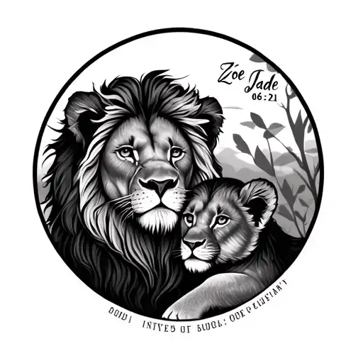 "Zoë Jade 06-12-21" male lion protecting cub tattoo design idea