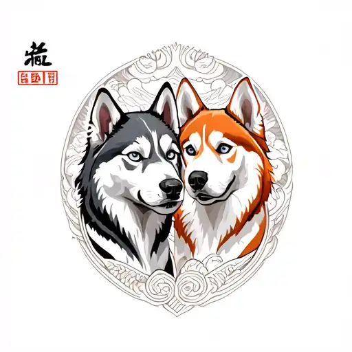 Draw two huskies one orange and one gray with white, side by side tattoo design idea