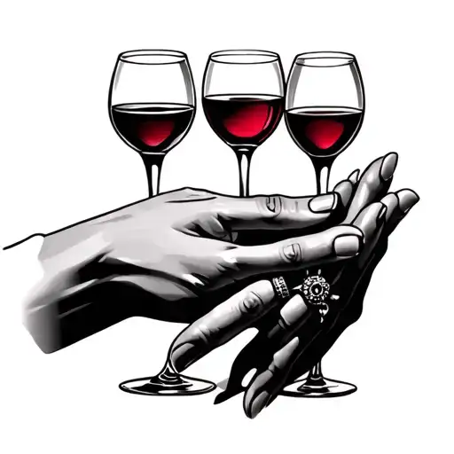 a tattoo with 3 wine glasses and a hand holding then with rings on all fingers tattoo design idea