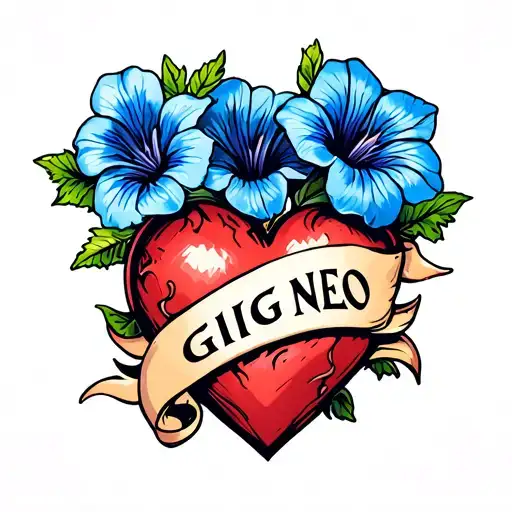 sailor Jerry style heart tattoo with 3 morning glory flowers that are blue and a banner across the heart that says gig tattoo design idea