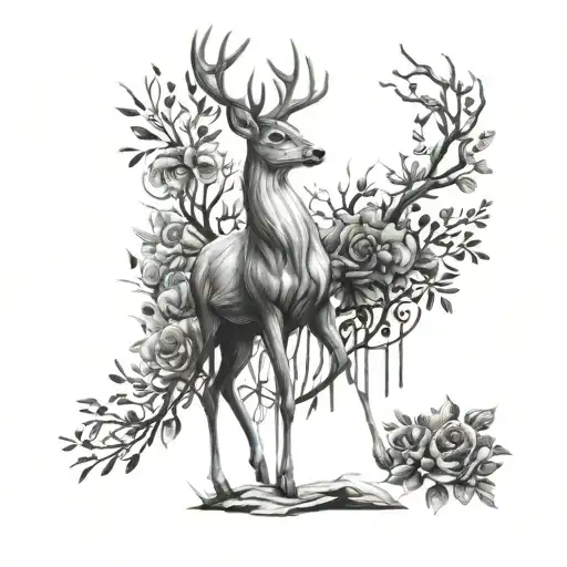Black and white sketch for a female tattoo, a deer stands on its hind legs tattoo design idea
