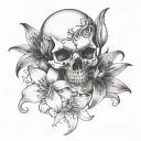 skull surrounded with stargazer lilly tattoo stencil tattoo design idea