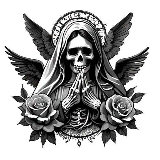 Virgin Mary with skeleton face and skeleton pray hands with dead roses and skeleton angels  tattoo design idea