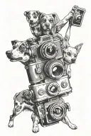 A tattoo design of a camera capturing a moment of joy and laughter shared with friends and family, with your dogs playfully photobombing the scene, all done in a black-grey style to add depth and emotion to the composition tattoo design idea