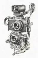 A tattoo design of a camera capturing a moment of joy and laughter shared with friends and family, with your dogs playfully photobombing the scene, all done in a black-grey style to add depth and emotion to the composition tattoo design idea
