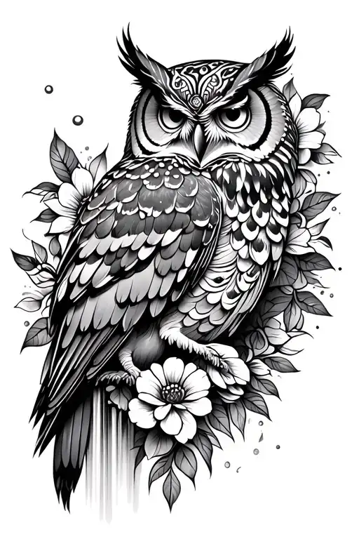 owl,waterfall, mandala, flowers intertwined tattoo design idea