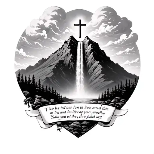mountain with waterfall and clouds above it with bible verse under  of the mountain not realistic 3 cross tattoo design idea