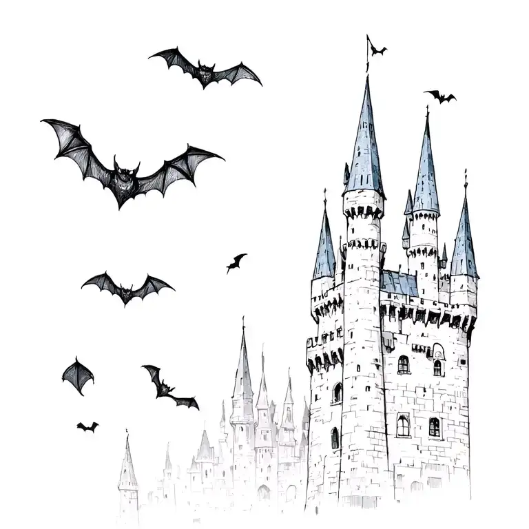 bats flying from castle tower from left to right tattoo design idea