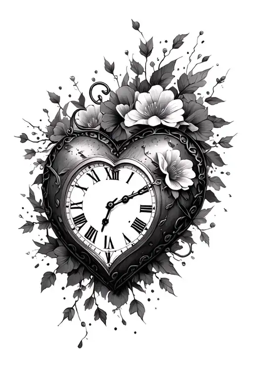 heart clock floral chains breaking and bursting  tattoo design idea